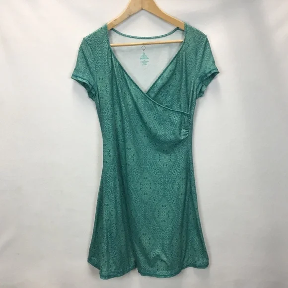 Prana Faux Wrap Short Sleeve Geo Print Athleisure Outdoor Hiking Dress Size M - Picture 2 of 7